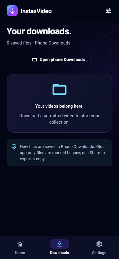 InstaxVideo local Downloads screen