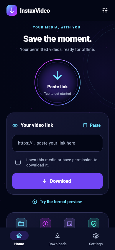 InstaxVideo Android home with circular paste control